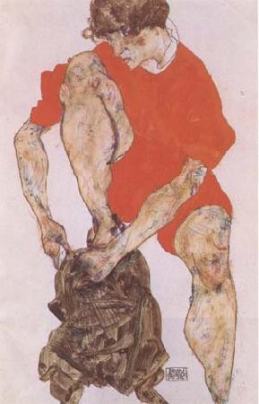 Egon Schiele Female Model in Bright Red Jacket and Pants (mk09) oil painting picture